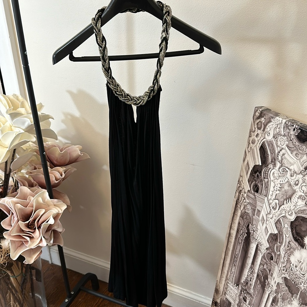 Black and silver braided halter, key hole cut out black dress
